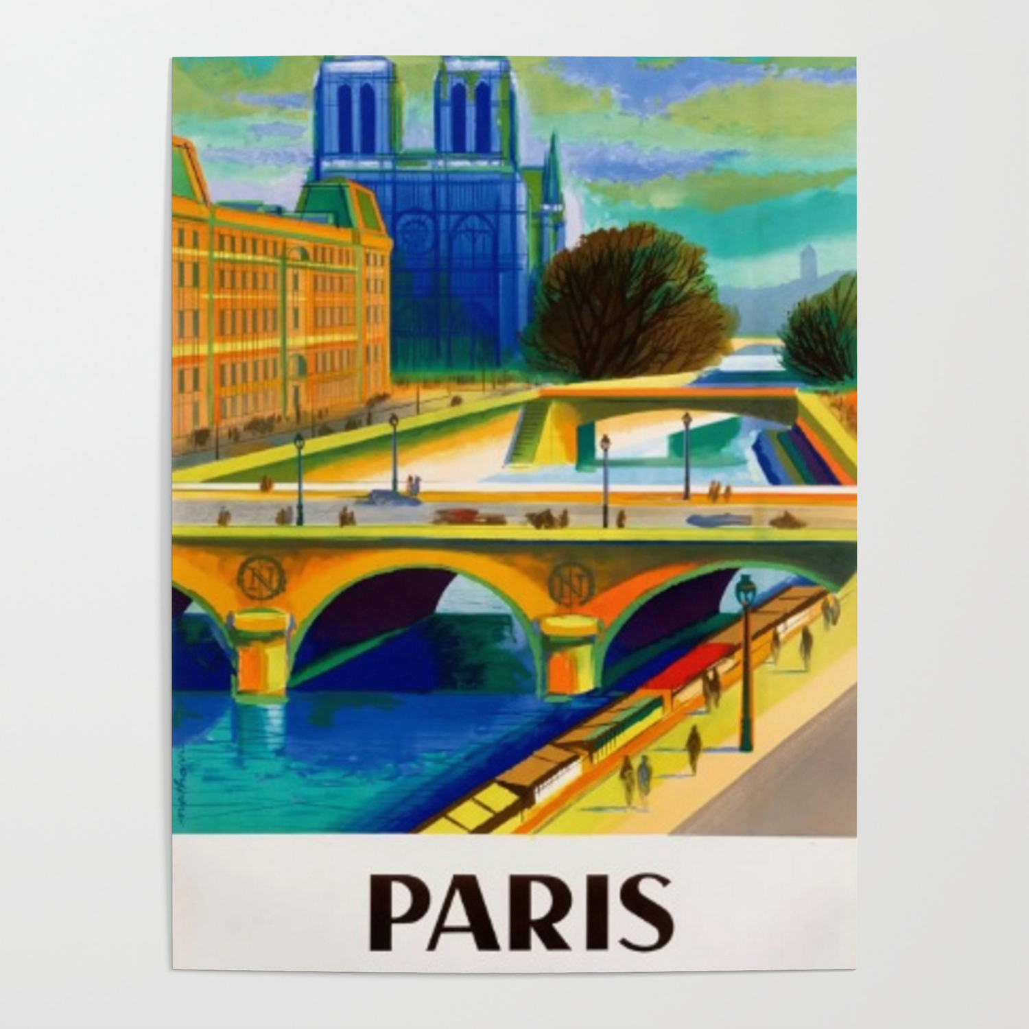 Notre Dame Cathedral Paris France Seine River Vintage Travel Art Poster Print 