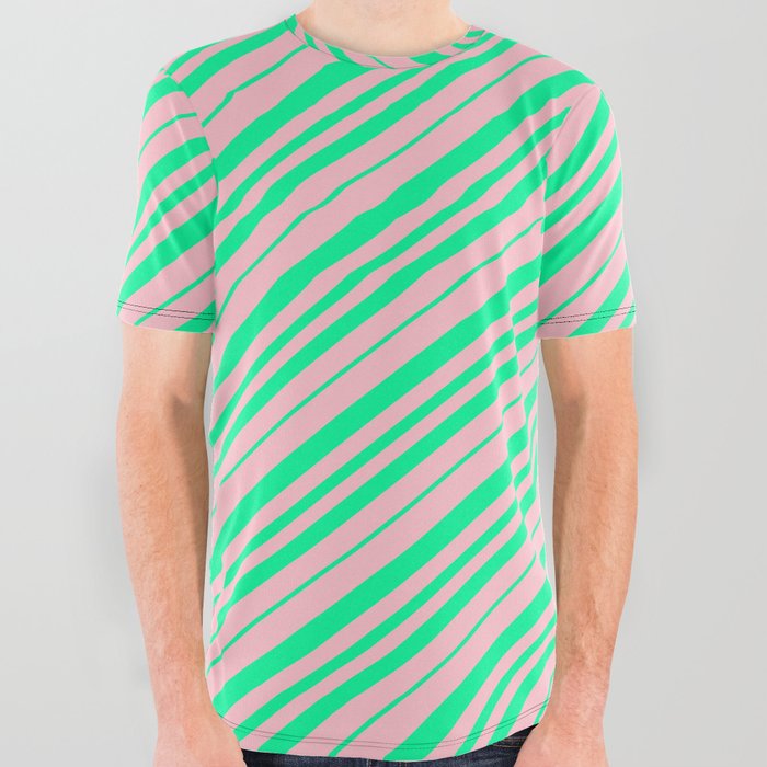 Pink & Green Colored Lined Pattern All Over Graphic Tee
