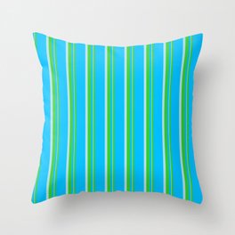 [ Thumbnail: Deep Sky Blue, Lime Green, and Powder Blue Colored Striped Pattern Throw Pillow ]