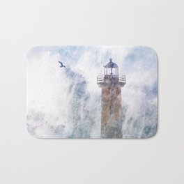 Storm in the lighthouse Bath Mat | Bird, Illustration, Lighthouse, Old, Sea, Drawing, Landscape, Blue, Seagul, Pattern 