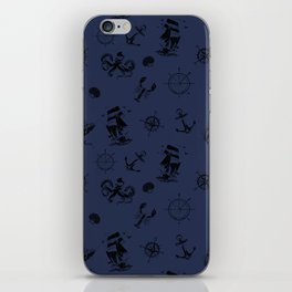 Navy Blue And Black Silhouettes Of Vintage Nautical Pattern iPhone Skin