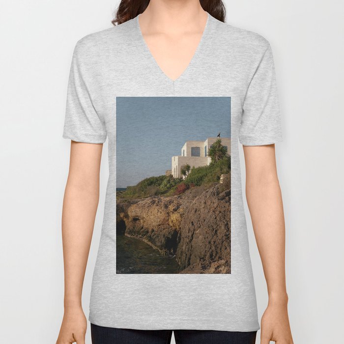 Vintage Poster of Cliff House in Greece | White Building on the Sea Shore, Island Life | Travel Photography in Greece, Europe V Neck T Shirt