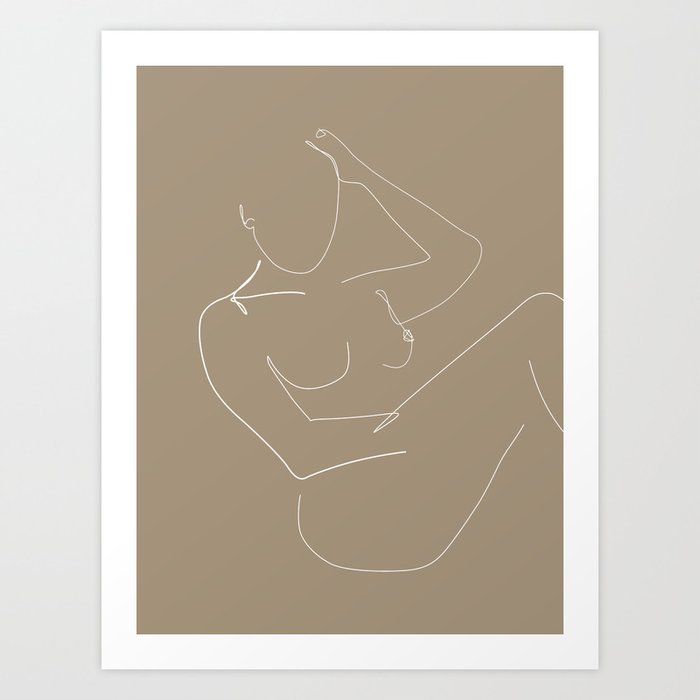 Latte Nude / Naked woman outline drawing in pastel brown background / Explicit Design Art Print