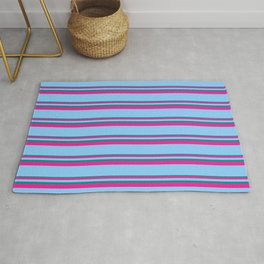 [ Thumbnail: Dark Cyan, Deep Pink, and Light Sky Blue Colored Lined Pattern Rug ]