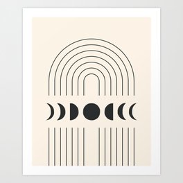 Geometric Lines and Shapes 9 in Black and Beige (Rainbow and Moon Phases Abstract) Art Print