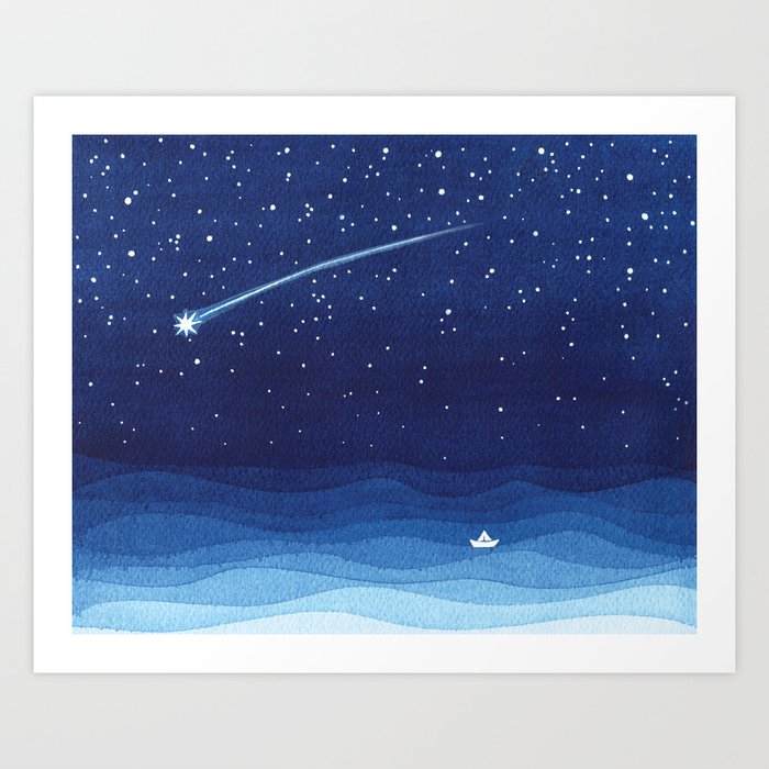 Falling star, shooting star, sailboat ocean waves blue sea Art Print