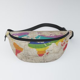 Rainbow color painted world map on dirty old grunge cement wall Fanny Pack