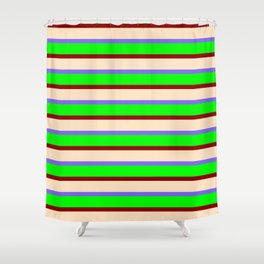 [ Thumbnail: Medium Slate Blue, Lime, Dark Red, and Bisque Colored Lines/Stripes Pattern Shower Curtain ]