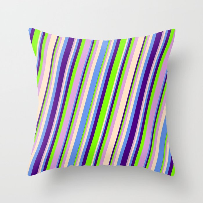 Vibrant Bisque, Cornflower Blue, Indigo, Chartreuse & Plum Colored Lines Pattern Throw Pillow
