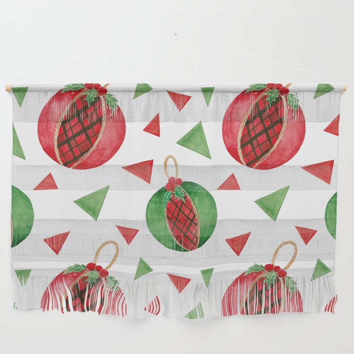 Watercolor Pattern, Balls with Holly on a White Background Wall Hanging