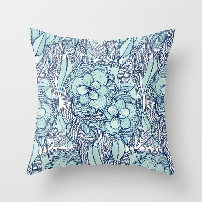 Teal Magnolias - a hand drawn pattern Throw Pillow
