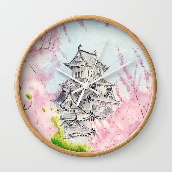 Himeji Castle , Art Watercolor Painting print by Suisai Genki , cherry blossom , Japanese Castle Wall Clock