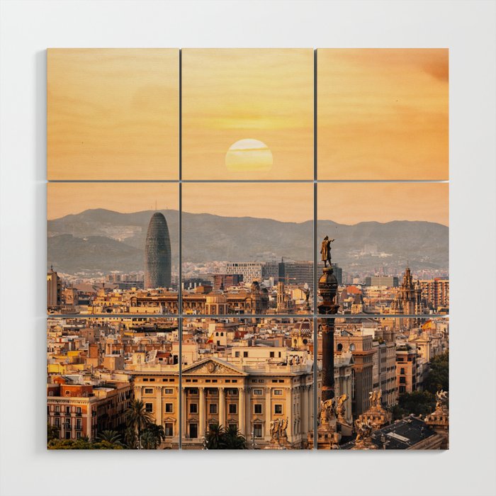 Spain Photography - Barcelona In The Beautiful Sunset Wood Wall Art