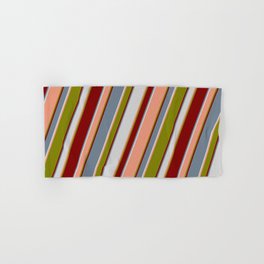 [ Thumbnail: Colorful Slate Gray, Light Gray, Dark Salmon, Green, and Maroon Colored Lined Pattern Hand & Bath Towel ]