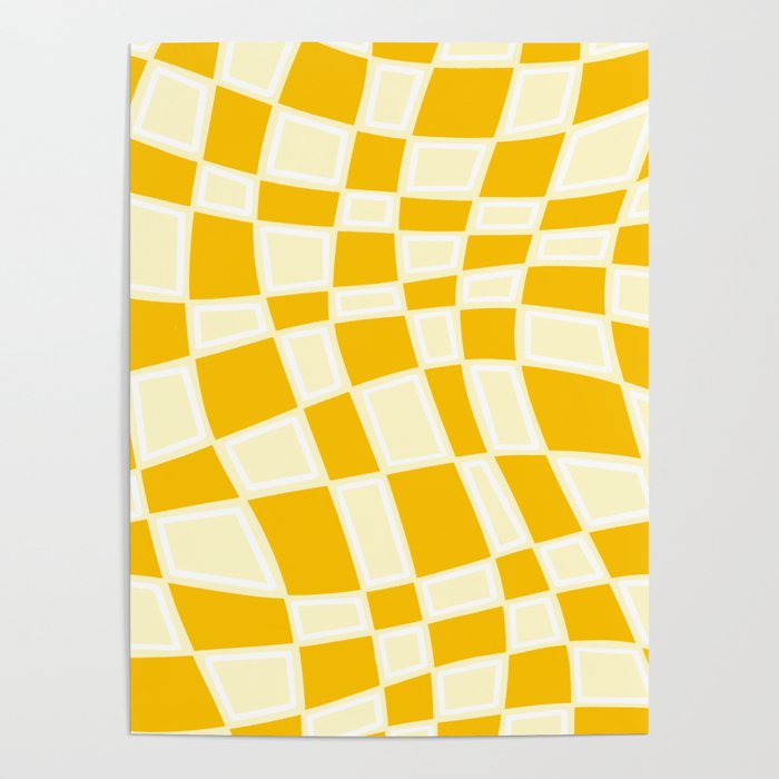 Abstract Retro Swirl Curvy Checkerboard Square Pattern Design // Yellow Mustard Colors Poster