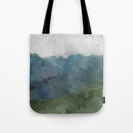 Journey Into the Mountains - Gray Blue Navy Indigo Sage Leafy Green Sky Forest Abstract Painting, Tote Bag