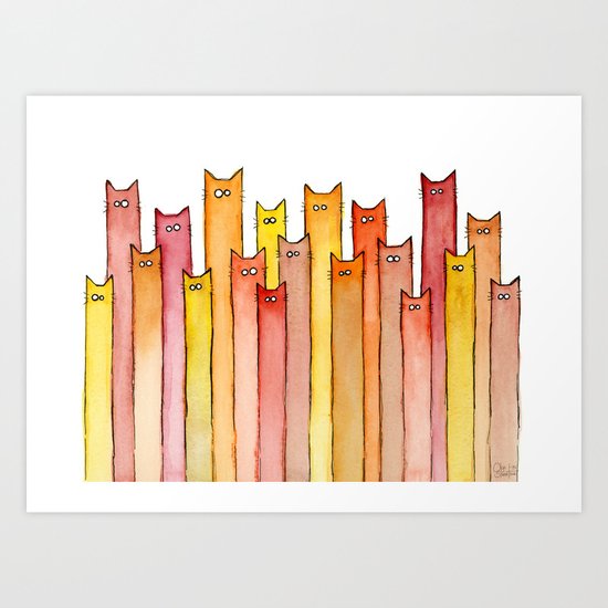 Cats Autumn Colors Pattern Whimsical Cat Orange Red Yellow Animals Art Print