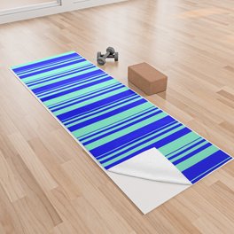 [ Thumbnail: Blue & Aquamarine Colored Striped Pattern Yoga Towel ]