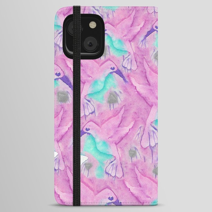 Beautiful pink teal purple watercolor hummingbird iPhone Wallet Case