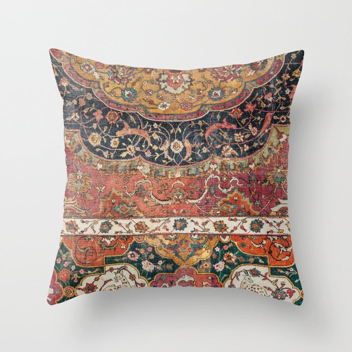 Persian Medallion Rug IX // 16th Century Distressed Red Green Blue Flowery Colorful Ornate Pattern Throw Pillow