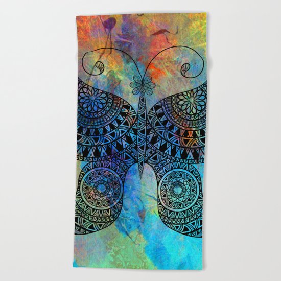 Drawn Butterfly on Colors Beach Towel