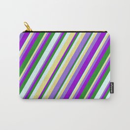 [ Thumbnail: Vibrant Tan, Purple, Dark Violet, Forest Green & Light Cyan Colored Stripes Pattern Carry-All Pouch ]