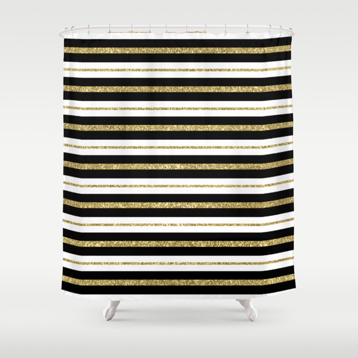 White Stripe Pattern Shower Curtain, Black White And Gold Shower Curtain