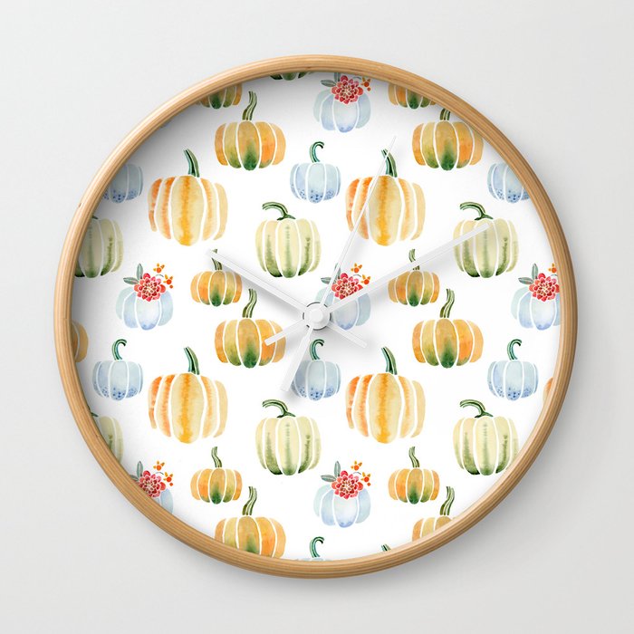 Modern Pumpkins In Watercolor Pattern and Wall Art Wall Clock