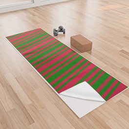 [ Thumbnail: Green and Crimson Colored Lined/Striped Pattern Yoga Towel ]