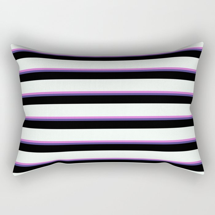 Orchid, Dark Slate Blue, Black & Mint Cream Colored Lines/Stripes Pattern Rectangular Pillow
