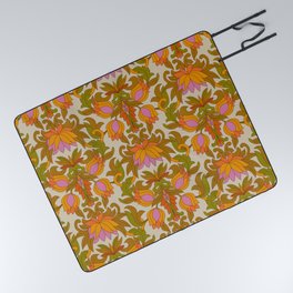 Orange, Pink Flowers and Green Leaves 1960s Retro Vintage Pattern Picnic Blanket