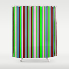 [ Thumbnail: Colorful Dark Grey, Blue, Pink, Maroon, and Lime Colored Lined/Striped Pattern Shower Curtain ]