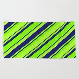 [ Thumbnail: Green, Light Green & Midnight Blue Colored Striped/Lined Pattern Beach Towel ]