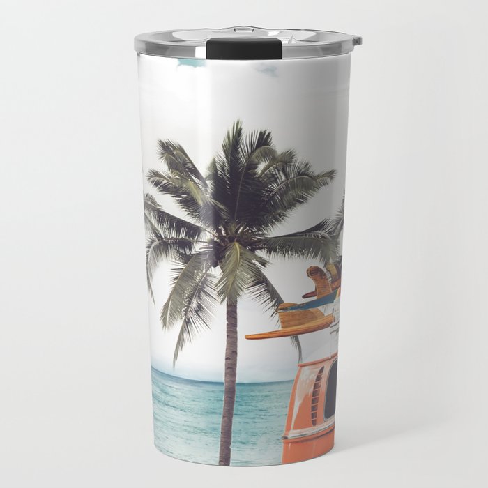 Vintage car parked on the tropical beach seaside with a surfboard on the roof - Leisure trip in the summer. Retro color effect Travel Mug