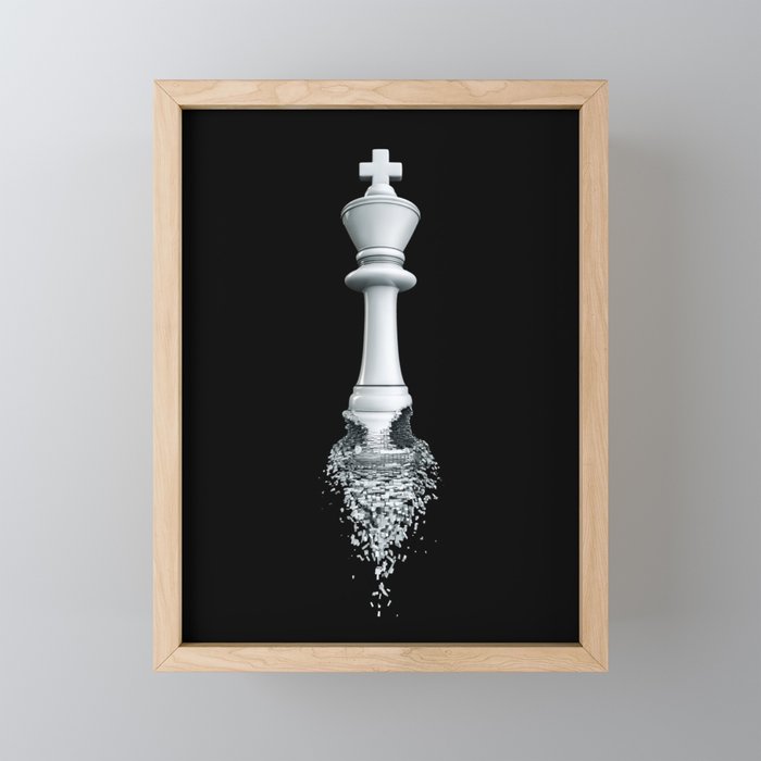 Farewell to the Pale King / 3D render of chess king breaking apart Framed Mini Art Print
