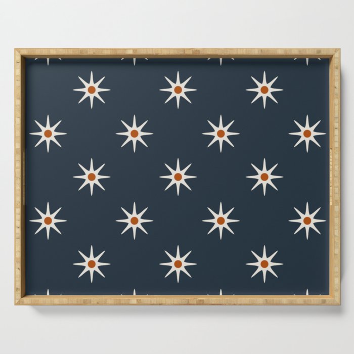 Atomic mid century retro star flower pattern in navy background Serving Tray
