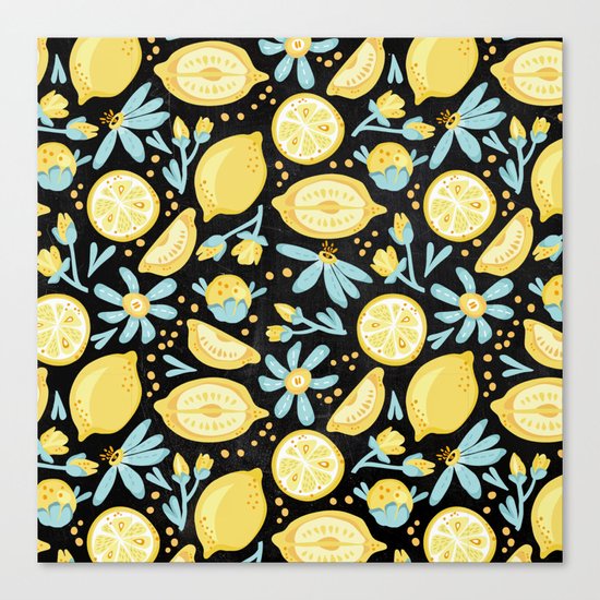 Lemon Pattern Black Canvas Print