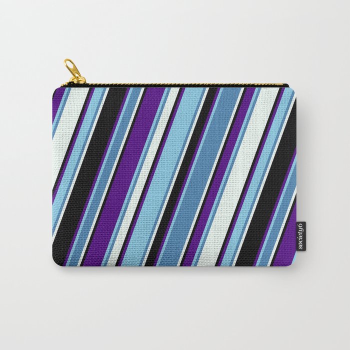 Colorful Indigo, Sky Blue, Blue, Mint Cream, and Black Colored Lines Pattern Carry-All Pouch