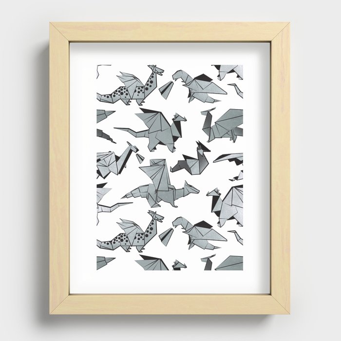 Origami metallic dragon friends // white background metal silver fantasy animals Recessed Framed Print