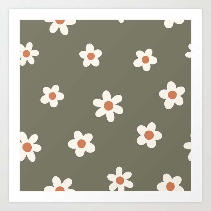 Fall Daisies Olive Green Art Print