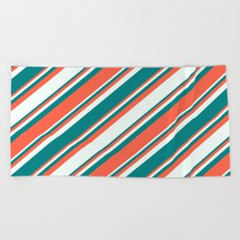 [ Thumbnail: Red, Mint Cream & Teal Colored Lines Pattern Beach Towel ]