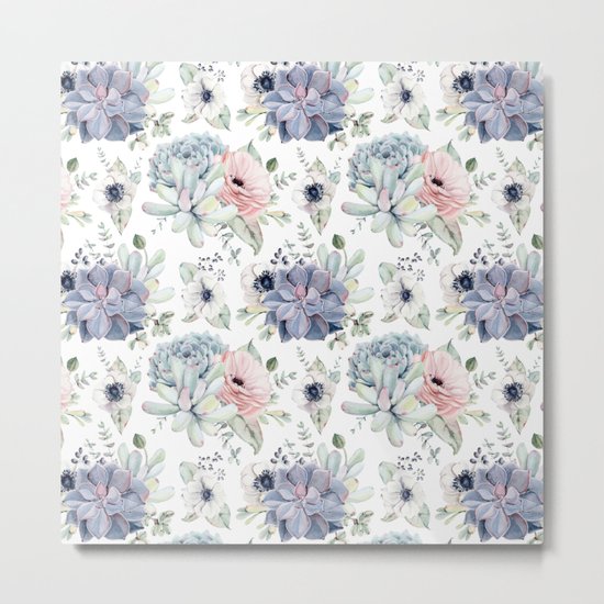 Succulents Blue + Rose Pink on White Metal Print