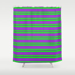 [ Thumbnail: Lime & Dark Orchid Colored Stripes Pattern Shower Curtain ]