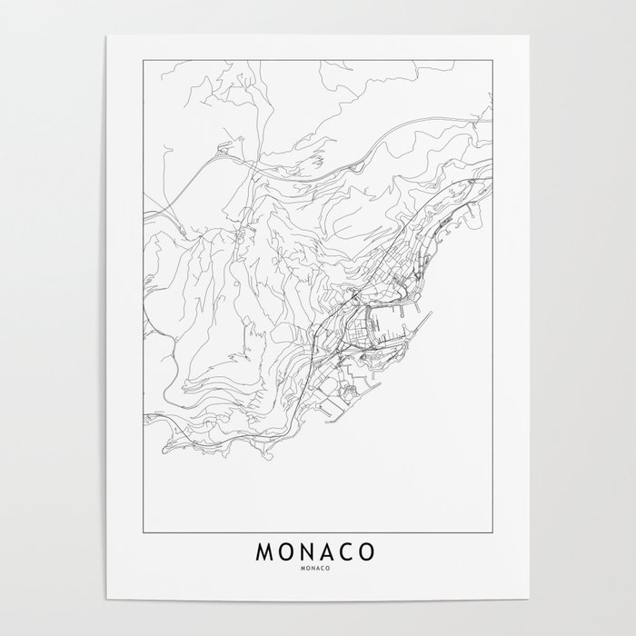 Monaco White Map Poster