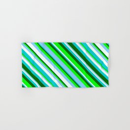 [ Thumbnail: Lime, Light Sky Blue, Mint Cream, Dark Turquoise & Dark Green Colored Lines/Stripes Pattern Hand & Bath Towel ]