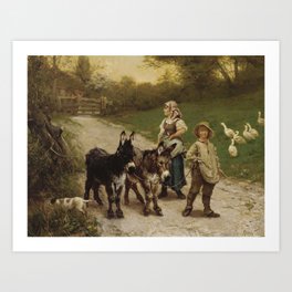 The young farmer (1885) - Edgar Bundy  Art Print | Animal, Grass, Domestic, Farming, Countryside, Pasture, Looking, Farm, Head, Mammal 