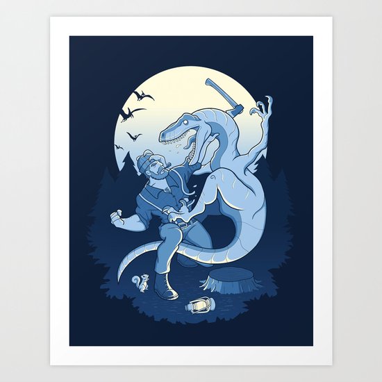 Lumberjack Fighting a Velociraptor Art Print