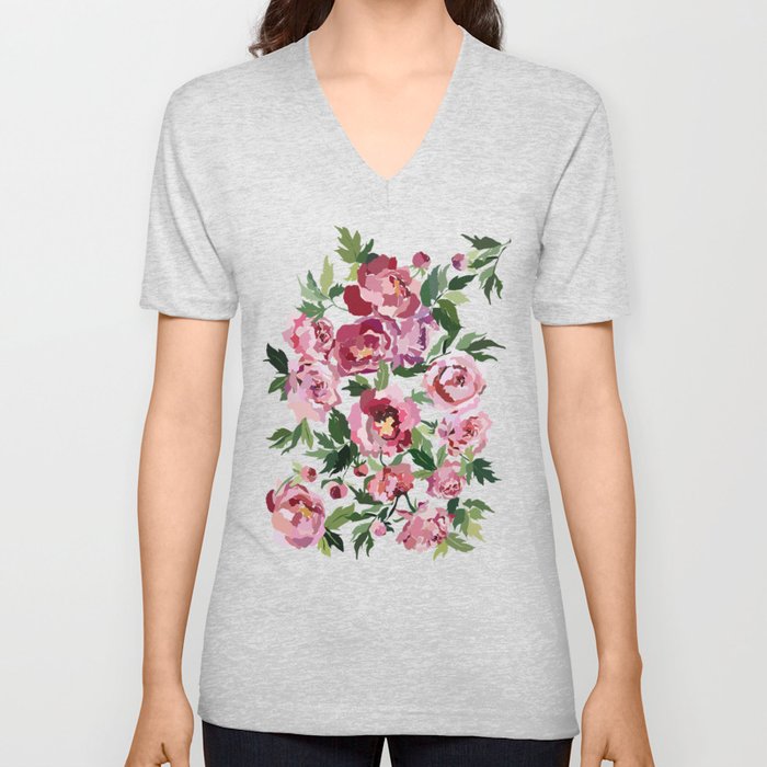 Peony dark coal background V Neck T Shirt