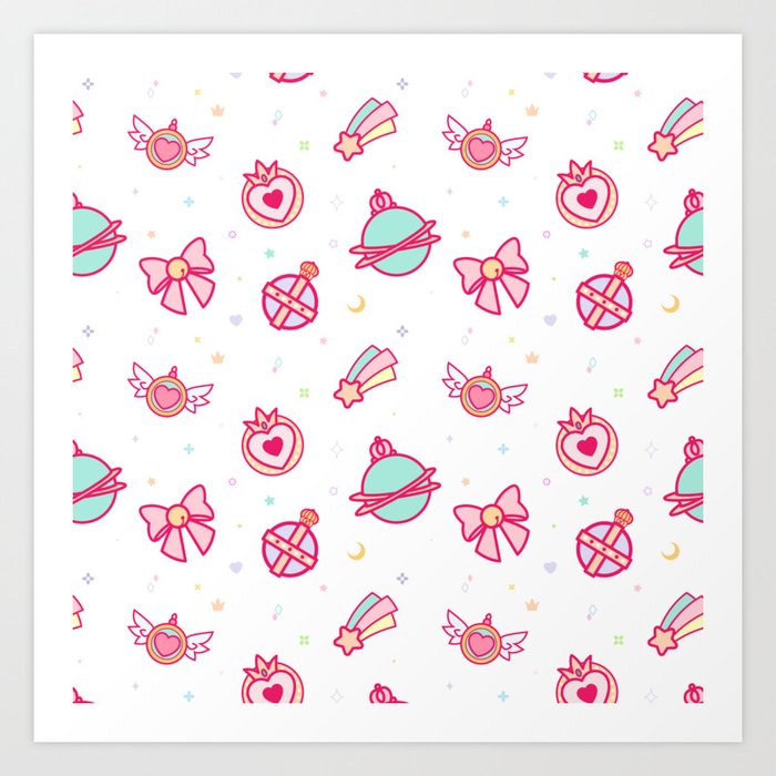 Cute Colourful Magical Girl Pattern with Hearts, Stars & Sparkles Art Print