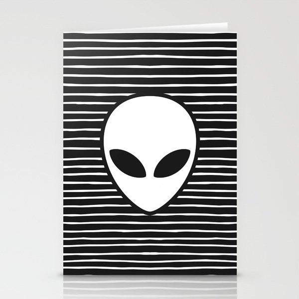 Alien on Black and White stripes Stationery Cards